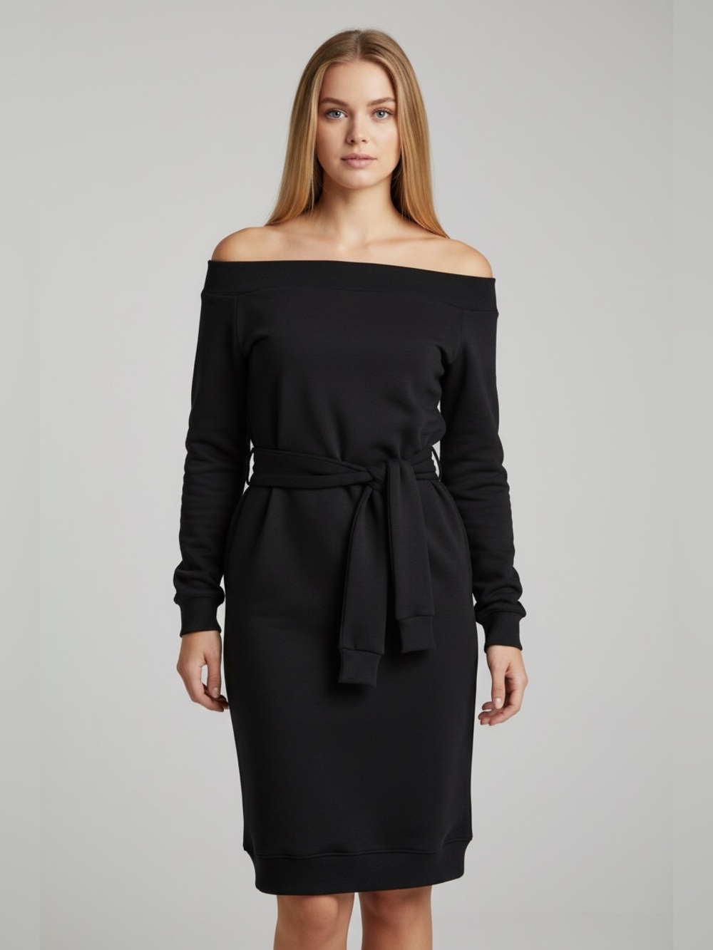 Soprano TieFront Off the Shoulder Sweatshirt Dress Women’s Size Large Black